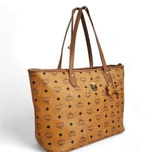 MCM Visetos Logo Print Tote in Cognac and Dark Brown